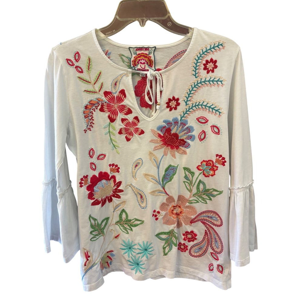 Johnny Was Embroidered Top Women S White Excellent Bell Sleeve Floral J10525-1